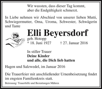 Traueranzeige von Elli Beyersdorf (geb. Hotopp)  von Magdeburger Volksstimme
