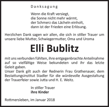 Traueranzeige von Elli Bublitz  von Magdeburger Volksstimme