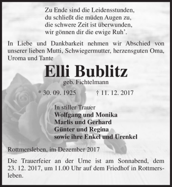 Traueranzeige von Elli Bublitz (geb. Fichtelmann)  von Magdeburger Volksstimme