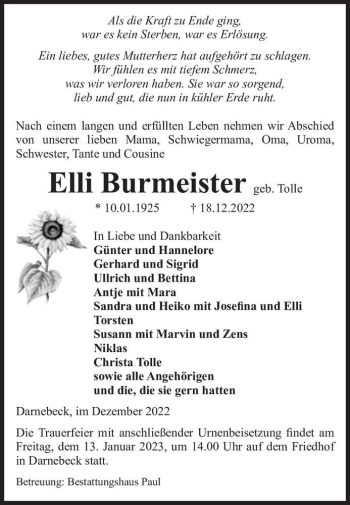 Traueranzeige von Elli Burmeister (geb. Tolle)  von Magdeburger Volksstimme