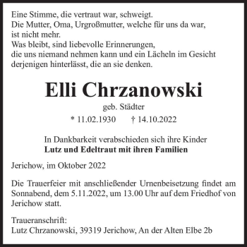 Traueranzeige von Elli Chrzanowski (geb. Städter)  von Magdeburger Volksstimme