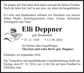 Traueranzeige von Elli Deppner (geb. Breitenfeld)  von Magdeburger Volksstimme