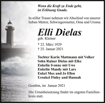 Traueranzeige von Elli Dielas (geb. Kleiner)  von Magdeburger Volksstimme