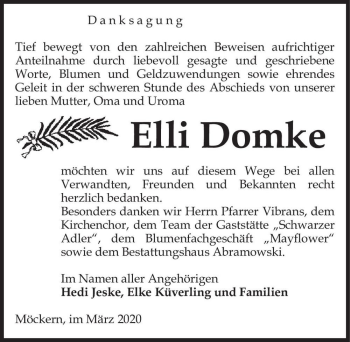 Traueranzeige von Elli Domke  von Magdeburger Volksstimme