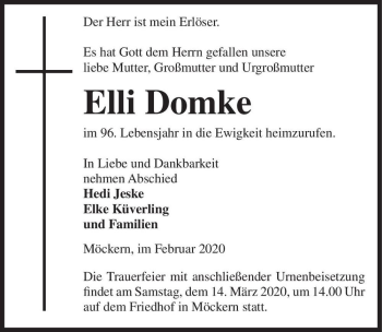 Traueranzeige von Elli Domke  von Magdeburger Volksstimme