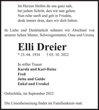 Traueranzeige von Elli Dreier  von Magdeburger Volksstimme