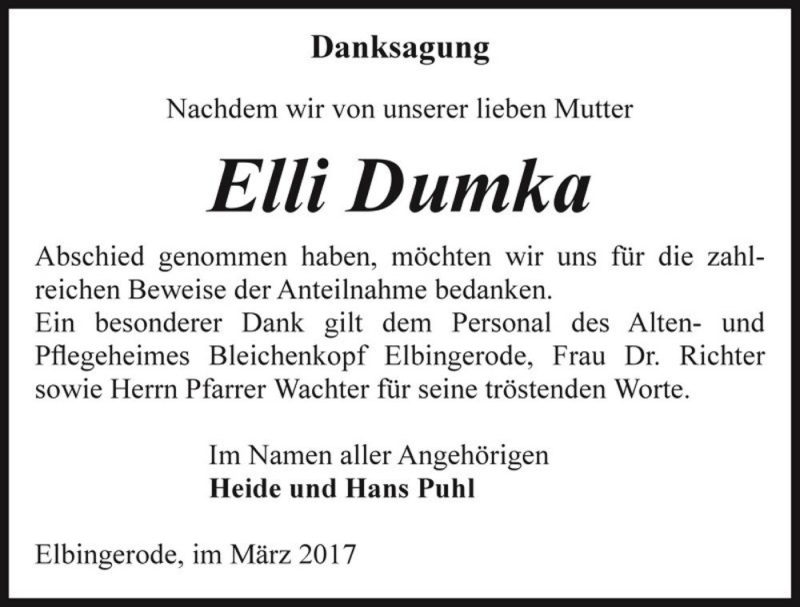  Traueranzeige für Elli Dumka  vom 05.04.2017 aus Magdeburger Volksstimme