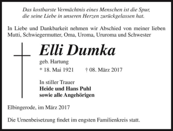 Traueranzeige von Elli Dumka (geb. Hartung)  von Magdeburger Volksstimme