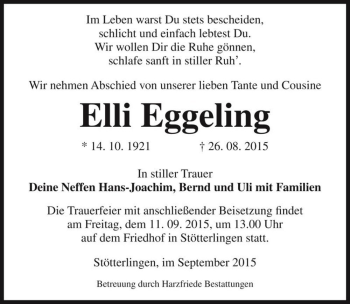 Traueranzeige von Elli Eggeling  von Magdeburger Volksstimme