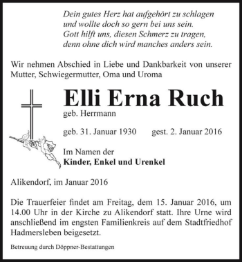 Traueranzeige von Elli Erna Ruch (geb. Herrmann)  von Magdeburger Volksstimme