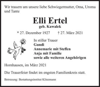 Traueranzeige von Elli Ertel (geb. Kawalek)  von Magdeburger Volksstimme