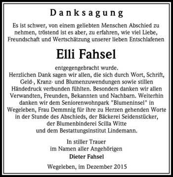 Traueranzeige von Elli Fahsel  von Magdeburger Volksstimme