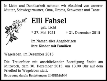 Traueranzeige von Elli Fahsel (geb. Licht)  von Magdeburger Volksstimme