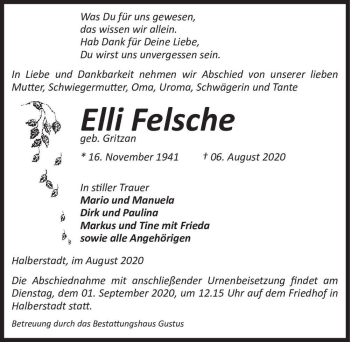 Traueranzeige von Elli Felsche (geb. Gritzan)  von Magdeburger Volksstimme