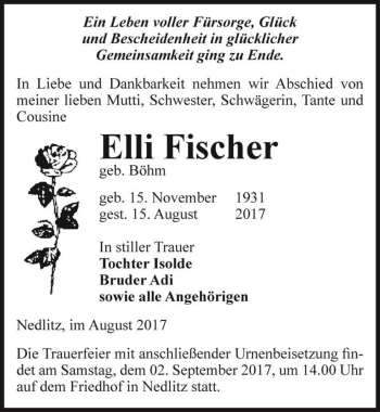Traueranzeige von Elli Fischer (geb. Böhm)  von Magdeburger Volksstimme