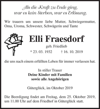 Traueranzeige von Elli Fraesdorf (geb. Friedlieb)  von Magdeburger Volksstimme
