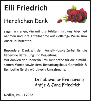 Traueranzeige von Elli Friedrich  von Magdeburger Volksstimme