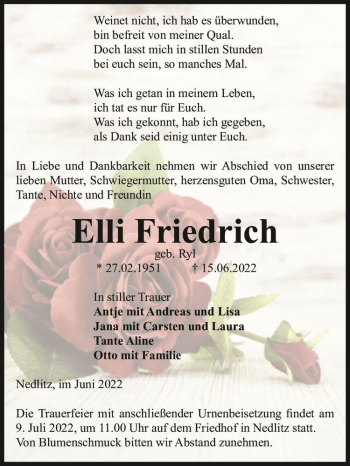 Traueranzeige von Elli Friedrich (geb. Ryl)  von Magdeburger Volksstimme