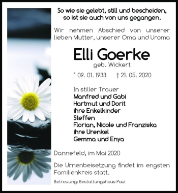 Traueranzeige von Elli Goerke (geb. Wickert)  von Magdeburger Volksstimme