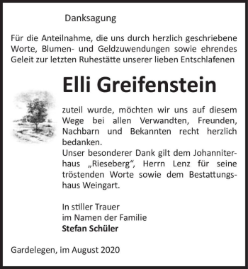 Traueranzeige von Elli Greifenstein  von Magdeburger Volksstimme
