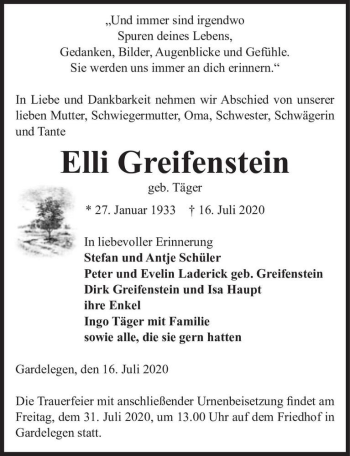 Traueranzeige von Elli Greifenstein (geb. Träger)  von Magdeburger Volksstimme
