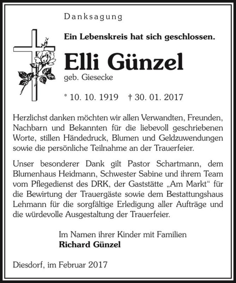  Traueranzeige für Elli Günzel (geb. Giesecke)  vom 25.02.2017 aus Magdeburger Volksstimme