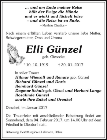 Traueranzeige von Elli Günzel (geb. Giesecke)  von Magdeburger Volksstimme