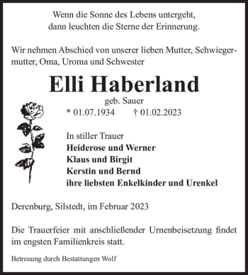 Traueranzeige von Elli Haberland (geb. Sauer)  von Magdeburger Volksstimme