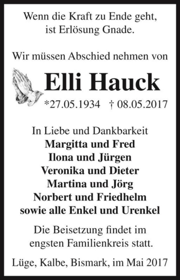 Traueranzeige von Elli Hauck  von Magdeburger Volksstimme