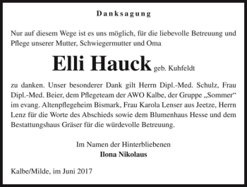 Traueranzeige von Elli Hauck (geb. Kuhfeldt)  von Magdeburger Volksstimme