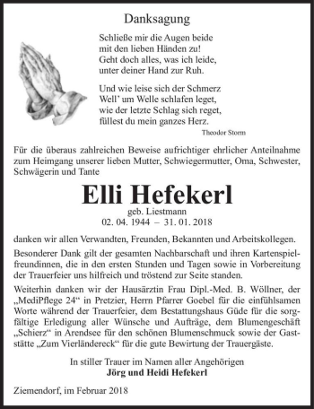 Traueranzeige von Elli Hefekerl (geb. Liestmann)  von Magdeburger Volksstimme