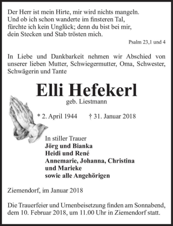 Traueranzeige von Elli Hefekerl (geb. Liestmann)  von Magdeburger Volksstimme