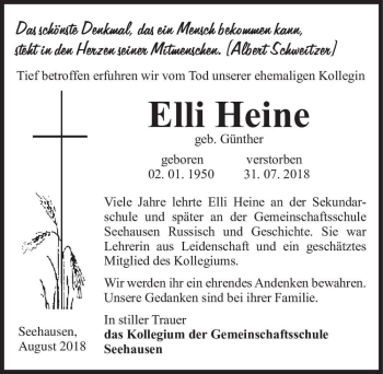 Traueranzeige von Elli Heine (geb. Günther)  von Magdeburger Volksstimme