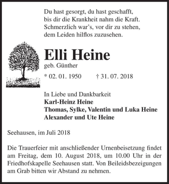 Traueranzeige von Elli Heine (geb. Günther)  von Magdeburger Volksstimme