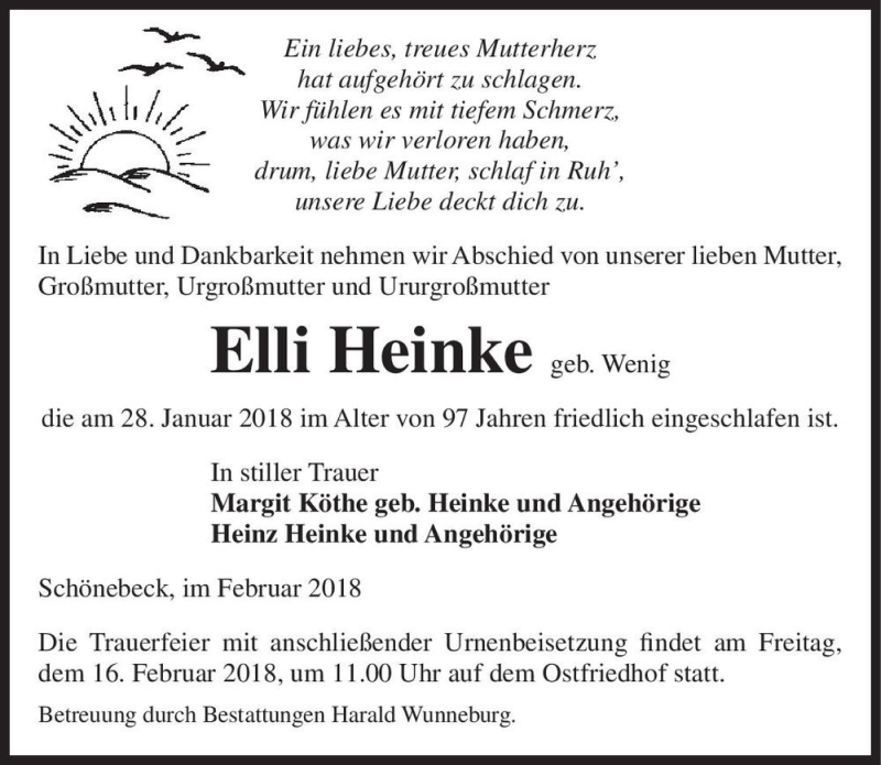  Traueranzeige für Elli Heinke (geb. Wenig)  vom 10.02.2018 aus Magdeburger Volksstimme