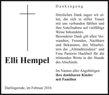 Traueranzeige von Elli Hempel  von Magdeburger Volksstimme