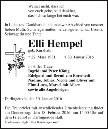 Traueranzeige von Elli Hempel (geb. Kurzhals)  von Magdeburger Volksstimme