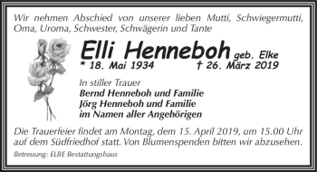 Traueranzeige von Elli Henneboh (geb. Elke)  von Magdeburger Volksstimme