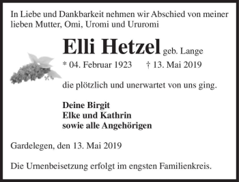 Traueranzeige von Elli Hetzel (geb. Lange)  von Magdeburger Volksstimme