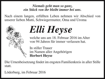 Traueranzeige von Elli Heyse  von Magdeburger Volksstimme