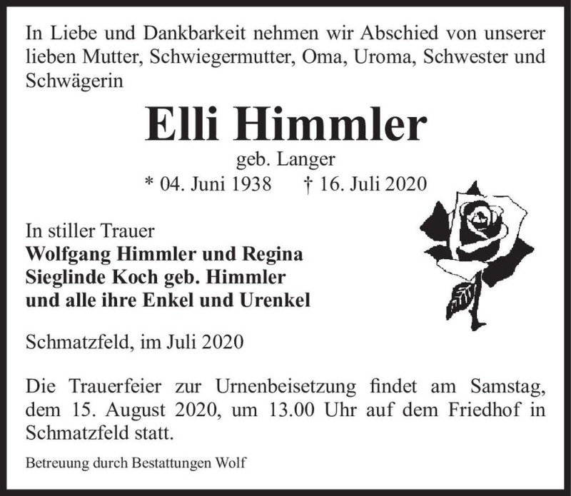  Traueranzeige für Elli Himmler (geb. Langer)  vom 25.07.2020 aus Magdeburger Volksstimme