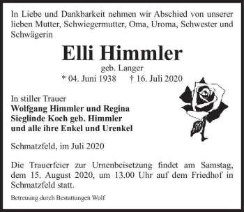 Traueranzeige von Elli Himmler (geb. Langer)  von Magdeburger Volksstimme