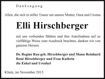 Traueranzeige von Elli Hirschberger  von Magdeburger Volksstimme
