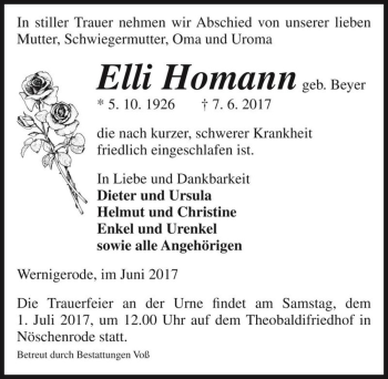 Traueranzeige von Elli Homann (geb. Beyer)  von Magdeburger Volksstimme