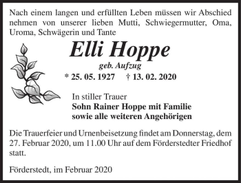 Traueranzeige von Elli Hoppe (geb. Aufzug)  von Magdeburger Volksstimme