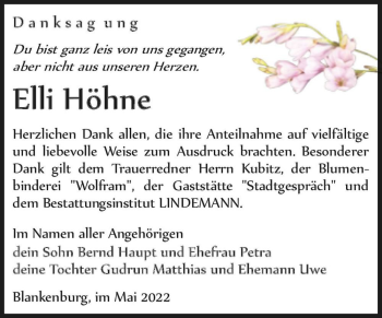 Traueranzeige von Elli Höhne  von Magdeburger Volksstimme