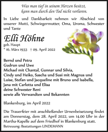 Traueranzeige von Elli Höhne (geb. Haupt)  von Magdeburger Volksstimme