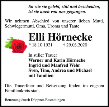 Traueranzeige von Elli Hörnecke  von Magdeburger Volksstimme