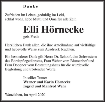 Traueranzeige von Elli Hörnecke (geb. Frede)  von Magdeburger Volksstimme