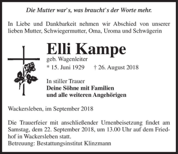 Traueranzeige von Elli Kampe (geb. Wagenleiter)  von Magdeburger Volksstimme